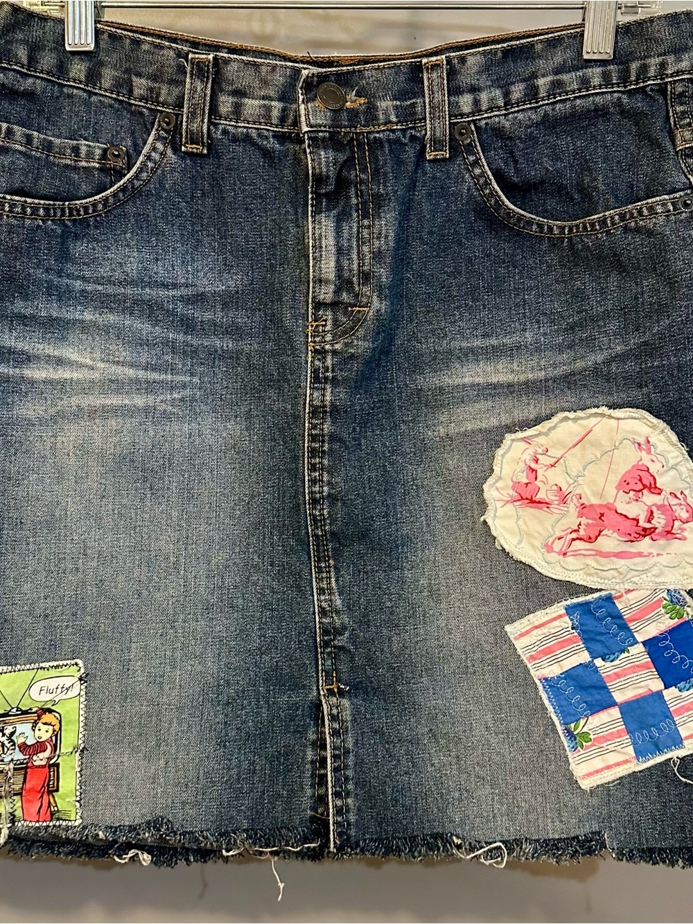 Repurposed Denim Patchwork Jeans Skirt - Blue size 8, American Eagle Outfitters
